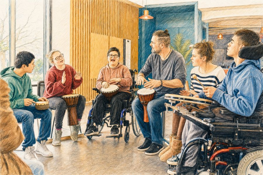 Un atelier de percussions en cercle réunit six jeunes et un animateur, certains en fauteuil roulant. Illustration.